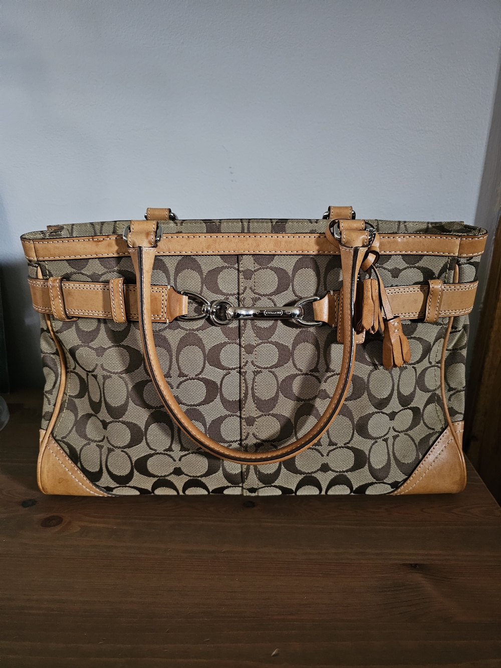 Coach Signature Hampton Canvas Tote in Brown with Tan Leather Trim